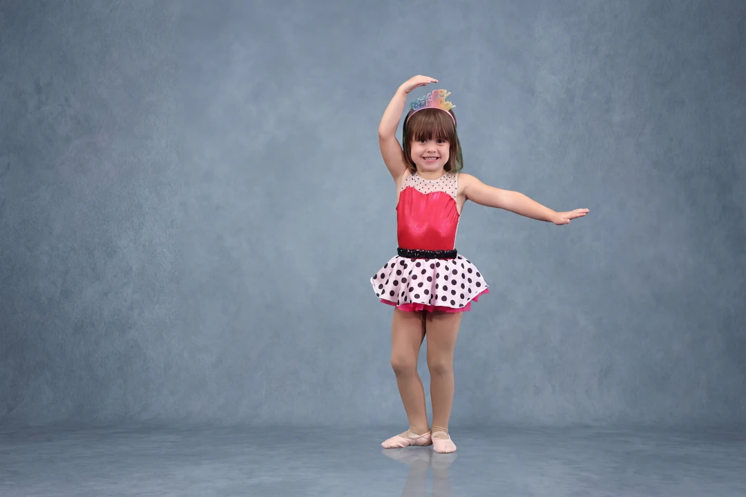 A young dancer photographed against a green screen and again against a studio backdrop