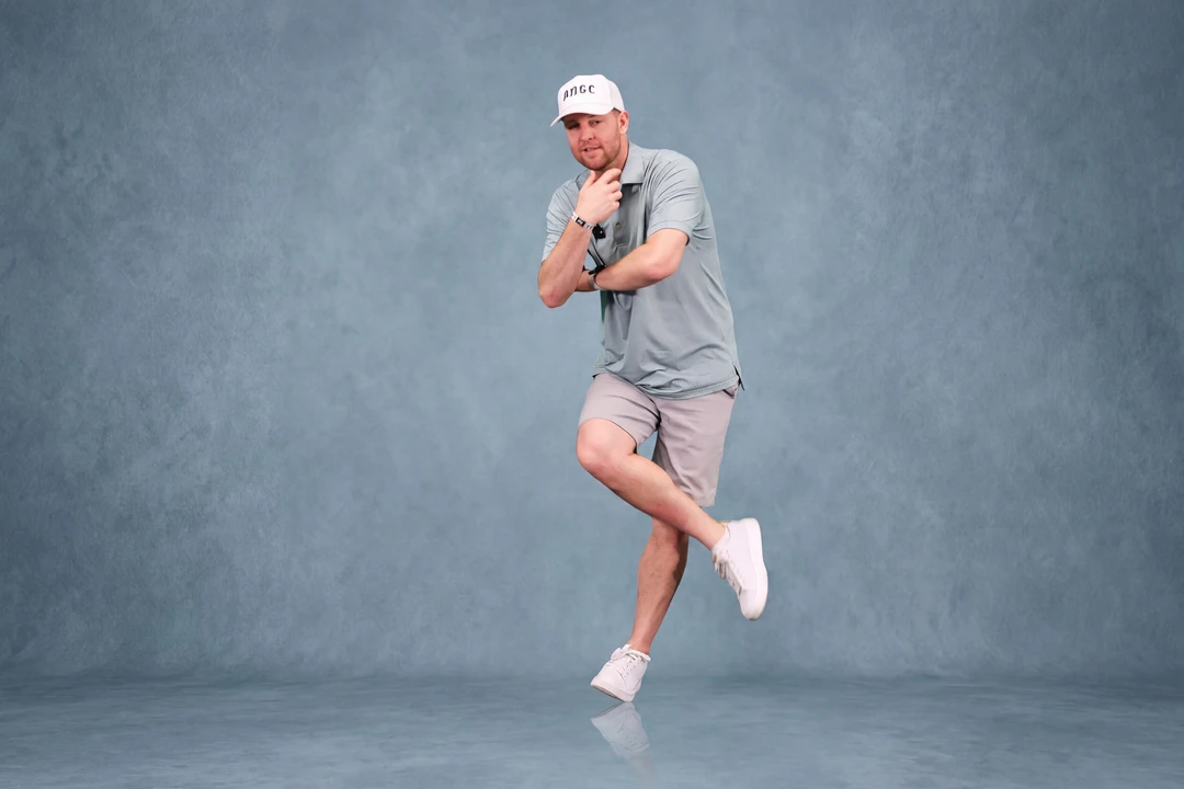 A dancer photographed against a green screen and again against a studio backdrop